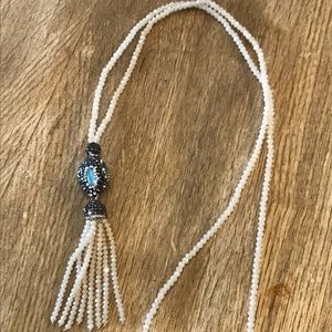 Ivory glass beaded Necklace with rhinestone charm